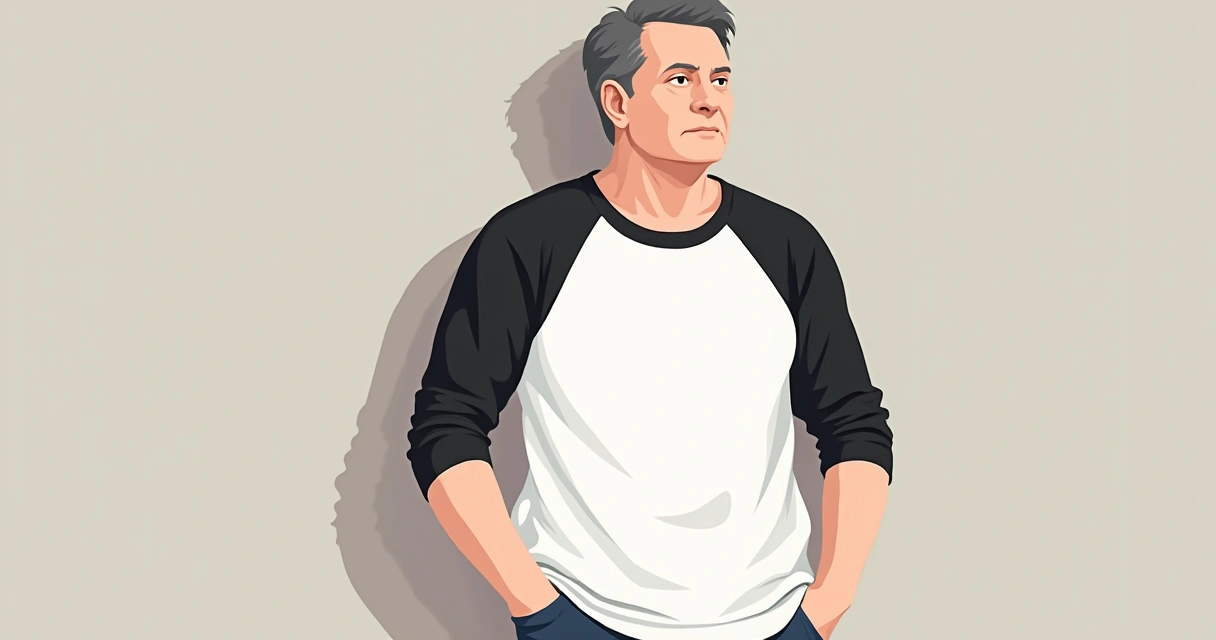 Camiseta masculina raglan preta e branca em modelo de meia idade