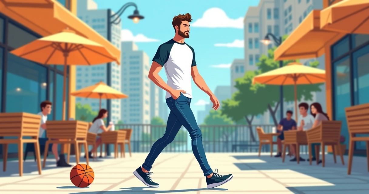 Homem vestindo camiseta raglan esportiva e jeans, andando ao ar livre