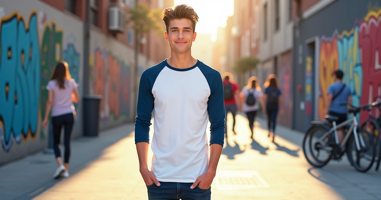 Homem usa camiseta raglan com mangas coloridas em ambiente urbano