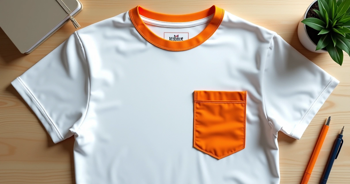 Camiseta branca personalizada com bolso laranja, logo discreto bordado, disposta sobre mesa de madeira clara. 