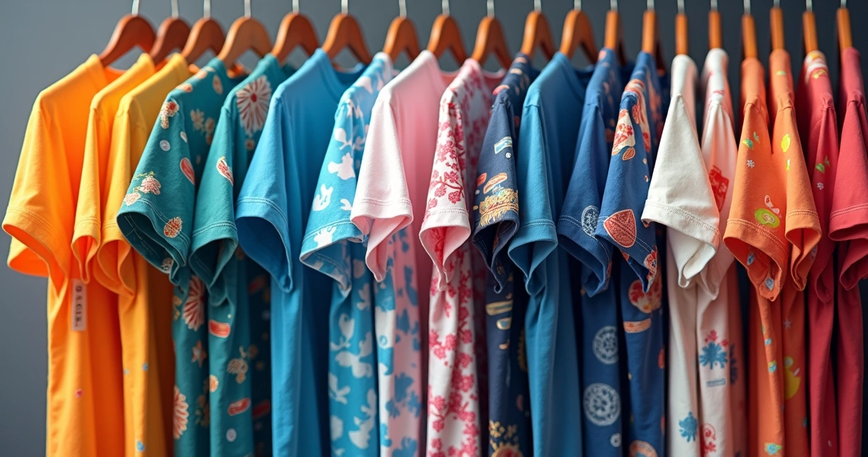 Camisetas de formandos no cabide com diferentes estampas coloridas 