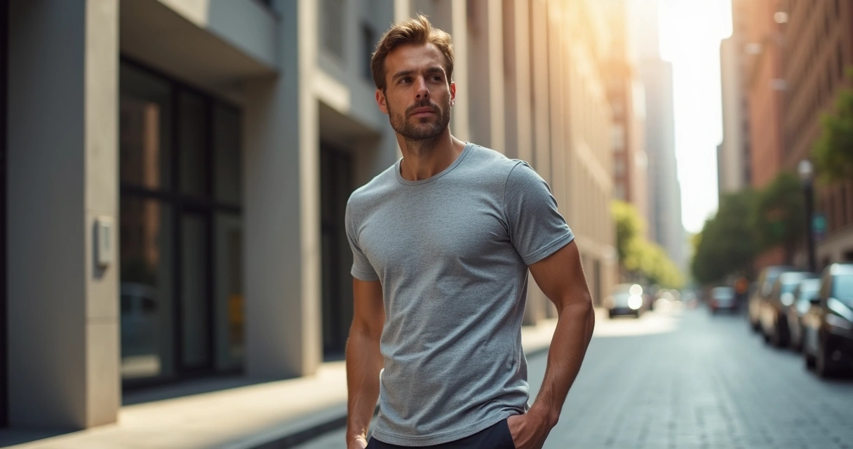 Homem vestindo camiseta tecnológica cinza em ambiente urbano