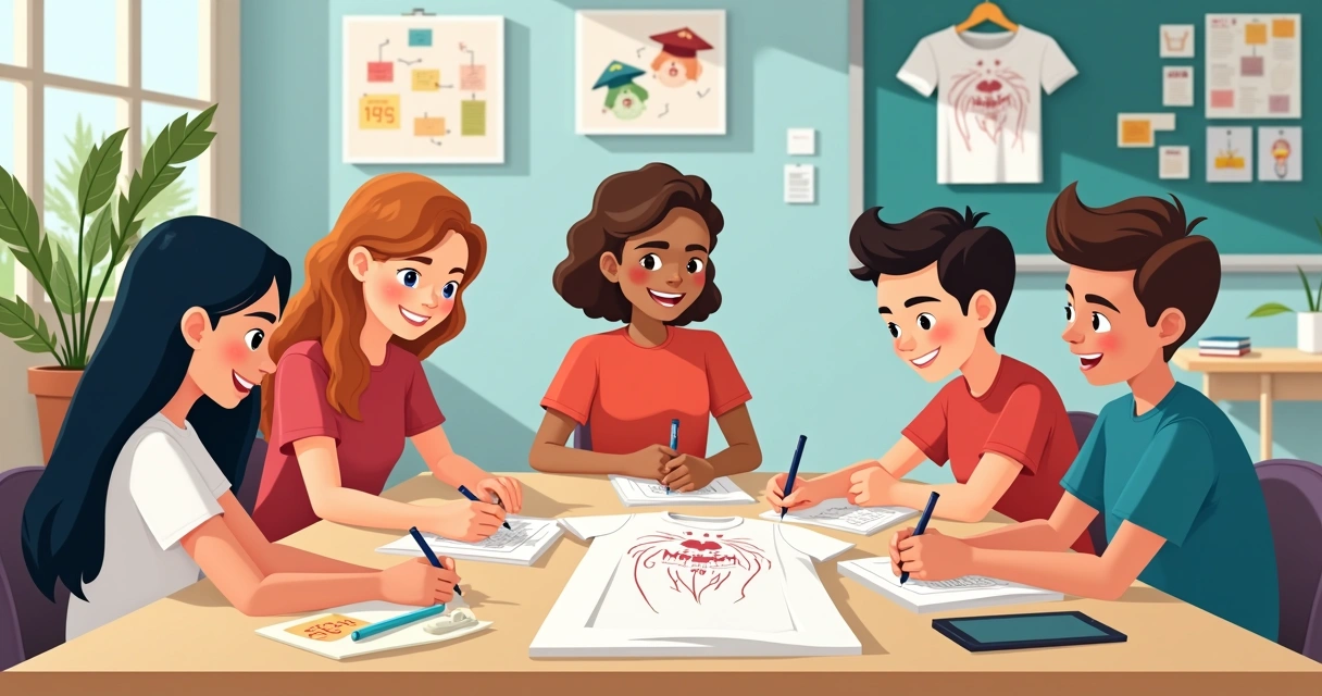 Estudantes criando juntos design de camiseta terceirão personalizada na mesa da escola 