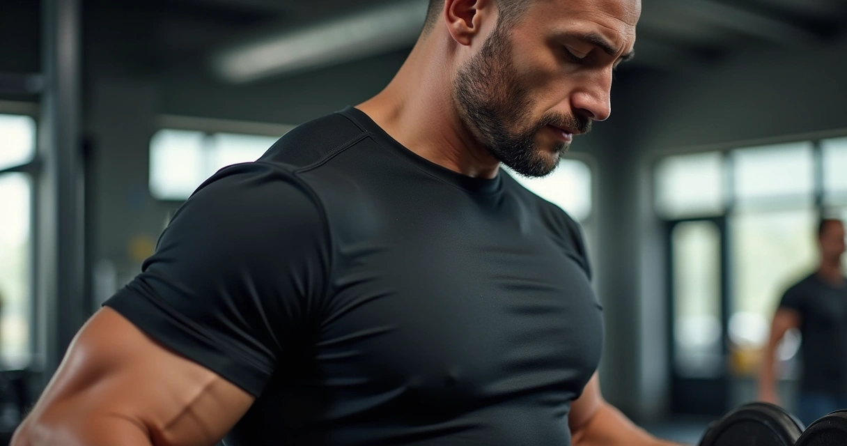 Homem treinando na academia usando camiseta esportiva preta