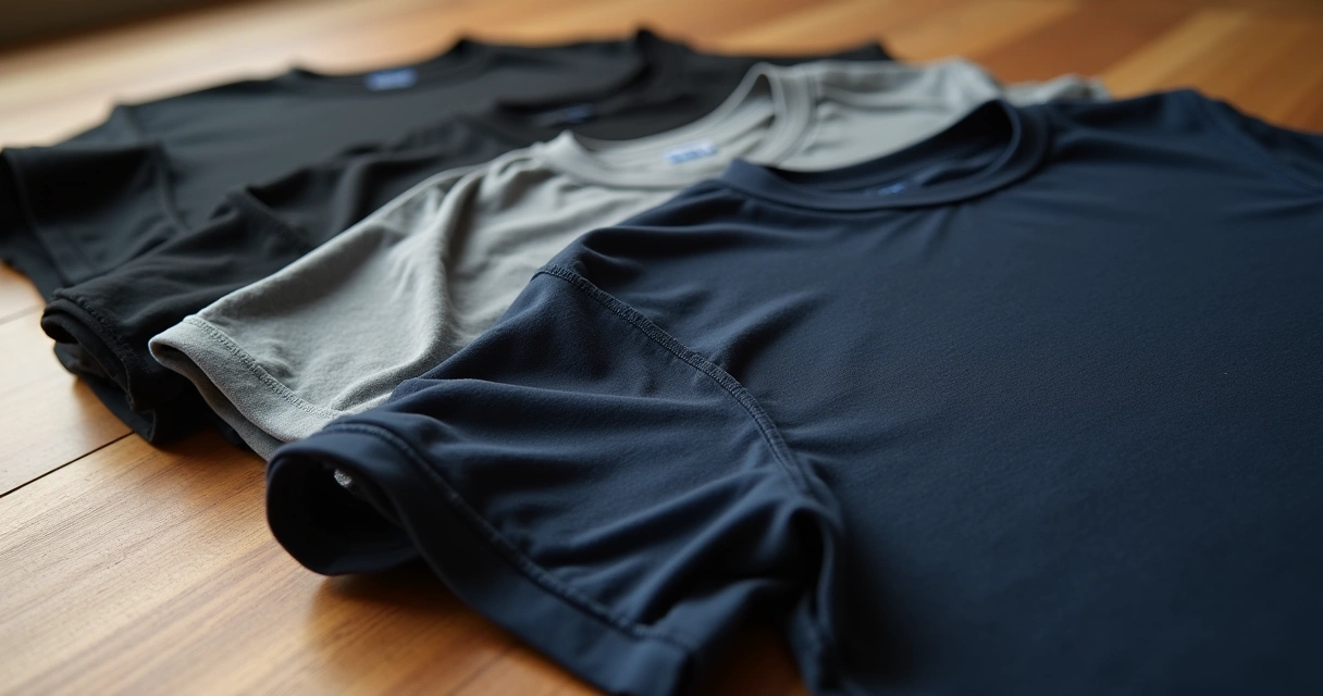 Diversas camisetas slim com elastano dobradas mostrando cores e texturas