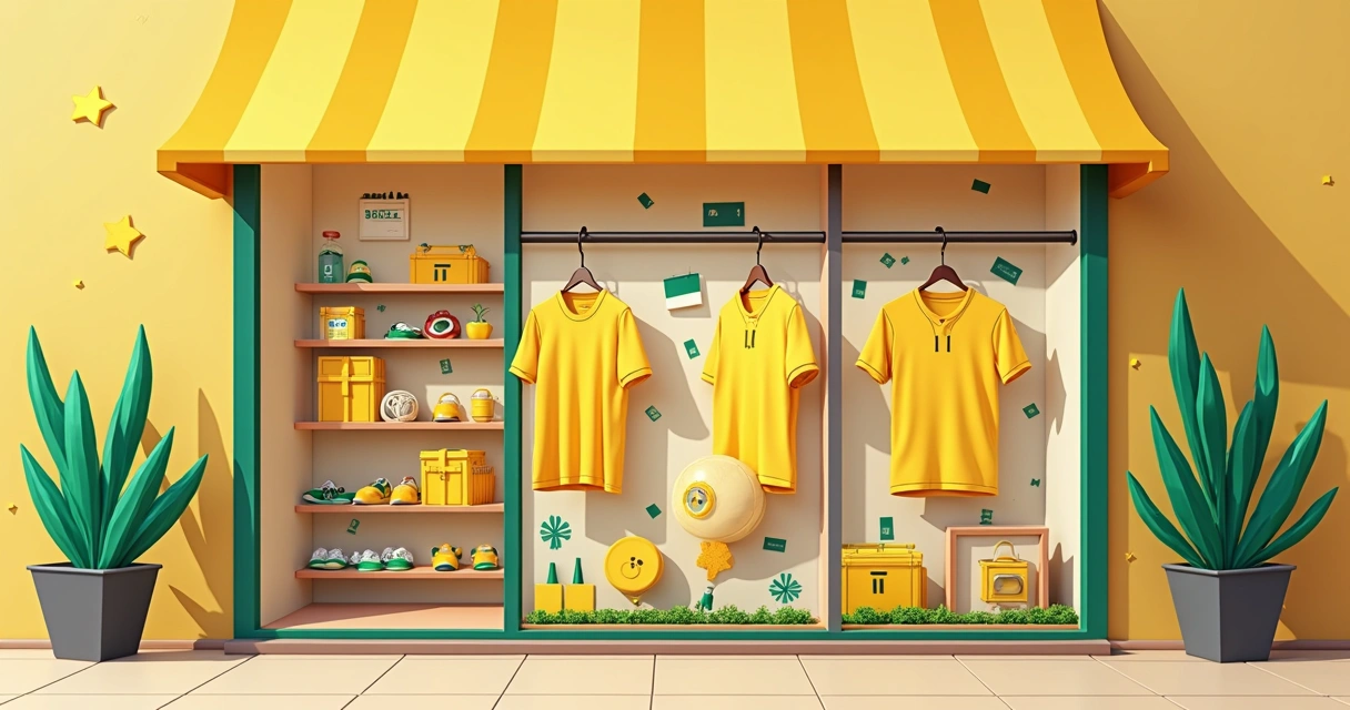 Vitrine virtual com camisetas amarelas e acessórios esportivos para Copa do Mundo 