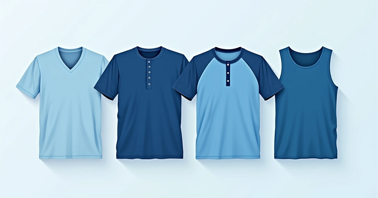 Camisetas masculinas azuis em diferentes tons e cortes
