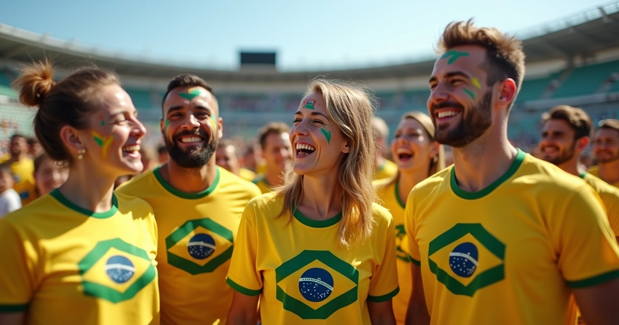 Grupo com camisetas estampadas com bandeira brasileira e símbolos da Copa