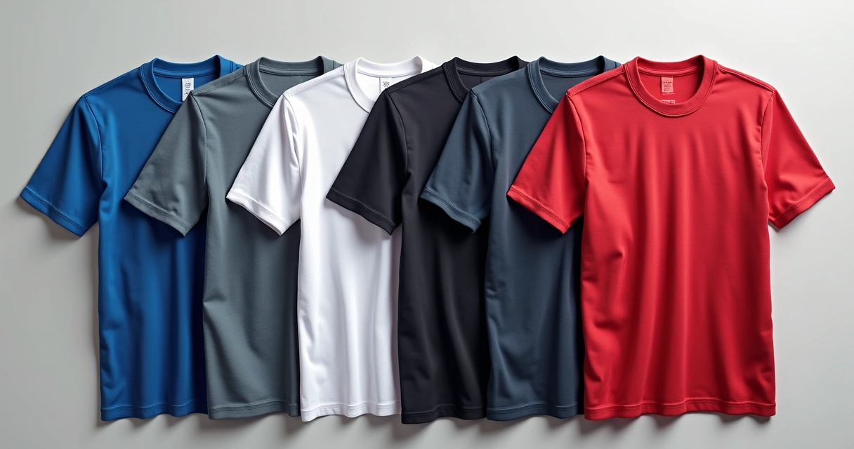 Camisetas básicas lisas masculinas algodão em várias cores dobradas.