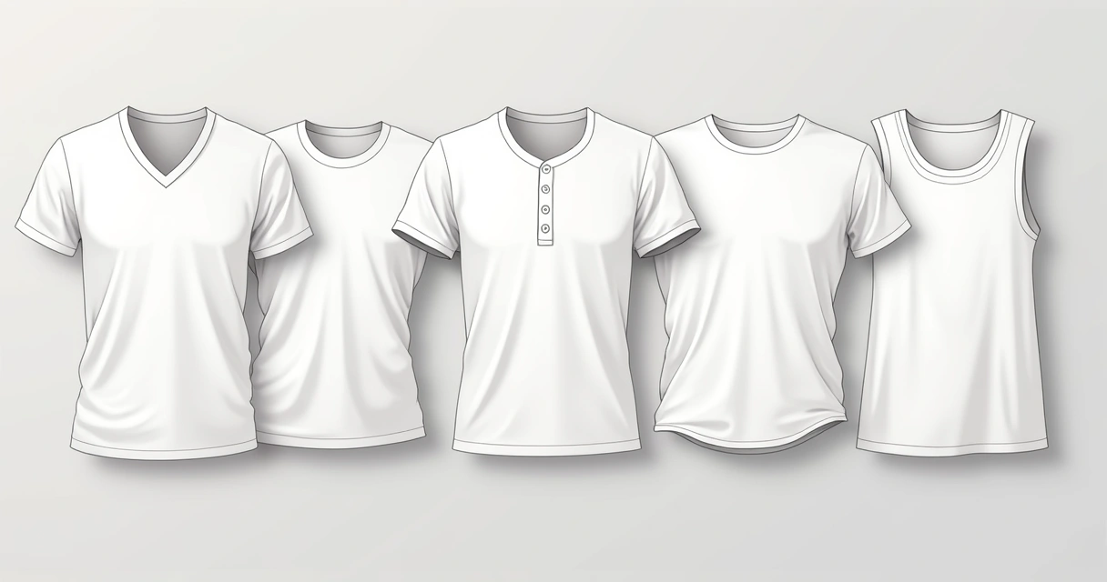 Camisetas brancas masculinas de vários cortes e estilos sobre uma superfície clara 