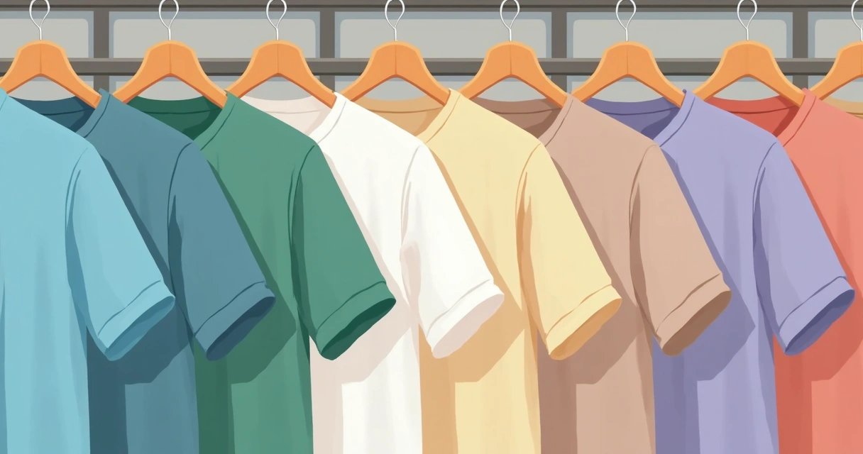 Várias camisetas masculinas coloridas em cabides de madeira