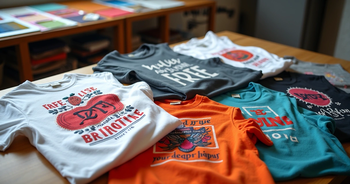 Camisetas de diferentes cores com estampas criativas e detalhes visuais 