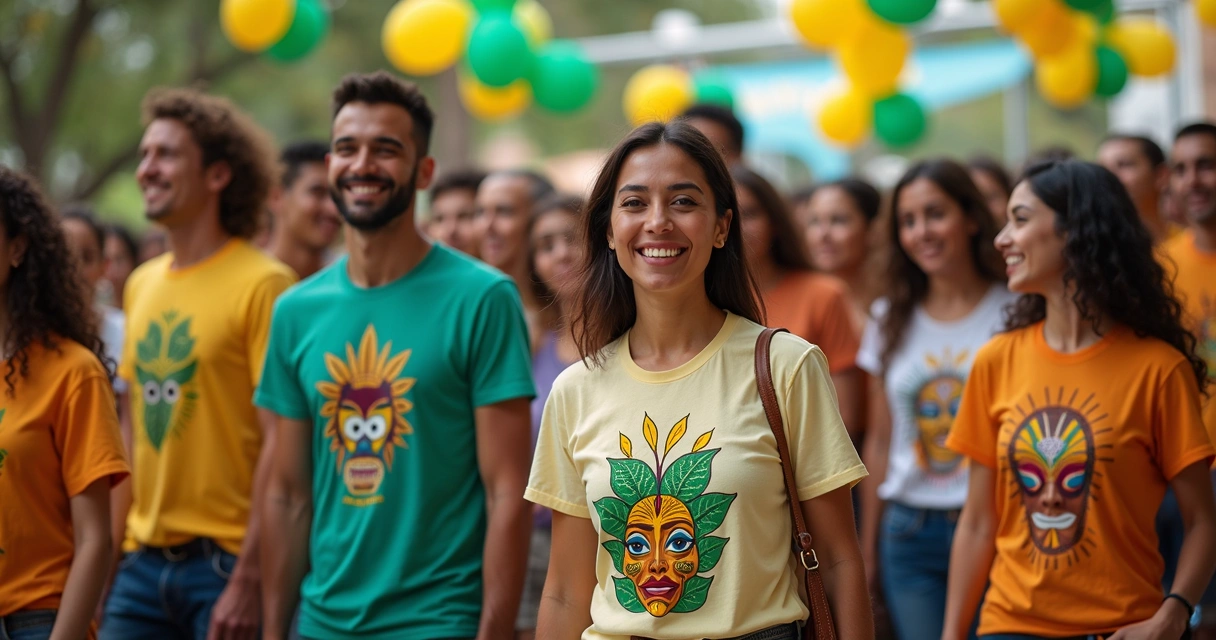 Camiseta com referências culturais brasileiras em evento 