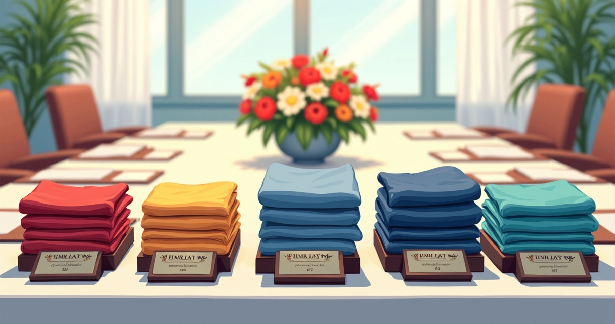 Camisetas personalizadas junto a placas de homenagem em mesa de evento corporativo