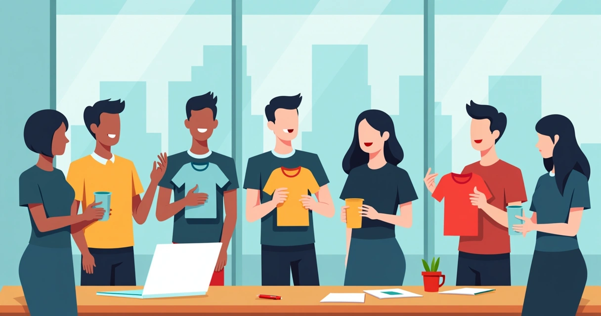 Time corporativo segurando camisetas personalizadas em reunião rápida