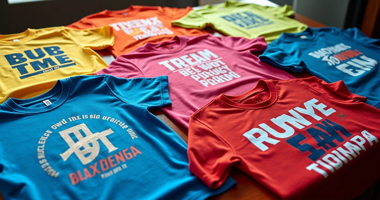 Camisetas de corrida com estampas personalizadas em várias cores sobre uma mesa 