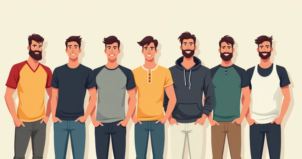 Sete tipos de camisetas masculinas com cortes diferentes e variação de cores lado a lado