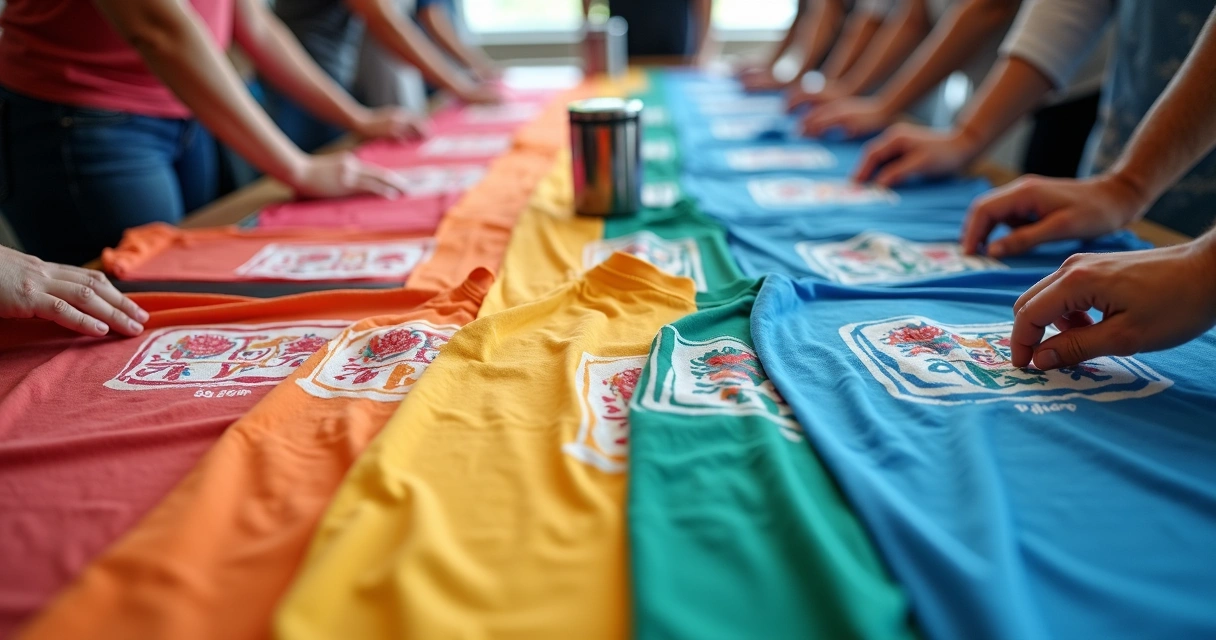 Várias camisetas estampadas com DTF dispostas em mesa de reuniões de empresa 