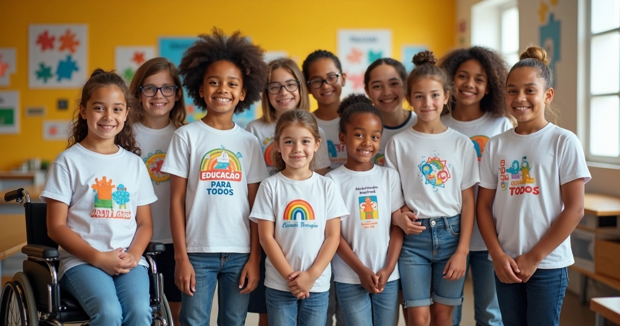 Camisetas personalizadas com temas de inclusão em escola com alunos de diferentes idades 
