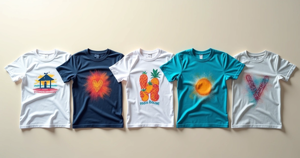 Diferentes modelos de camisetas personalizadas organizados lado a lado mostrando estampas variadas 