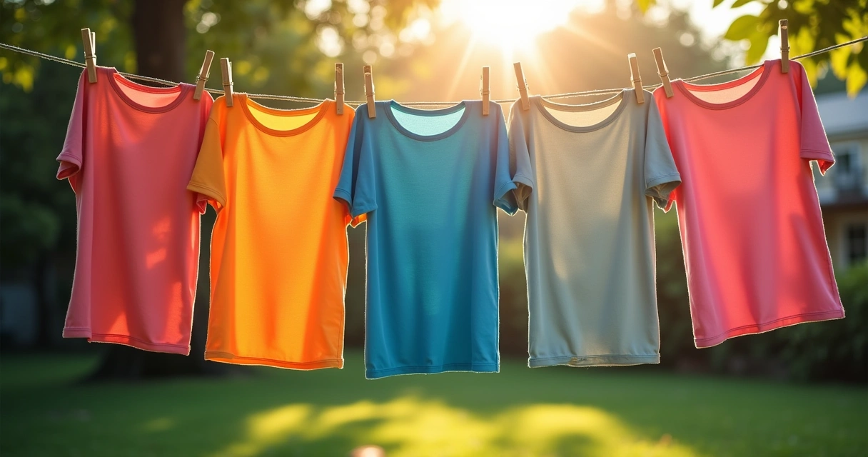 Camisetas de viscolycra coloridas estendidas em um varal à sombra.