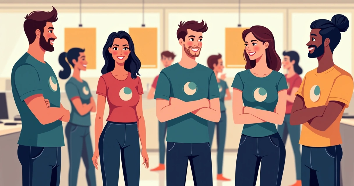 Equipe em evento corporativo vestindo camisetas personalizadas iguais 