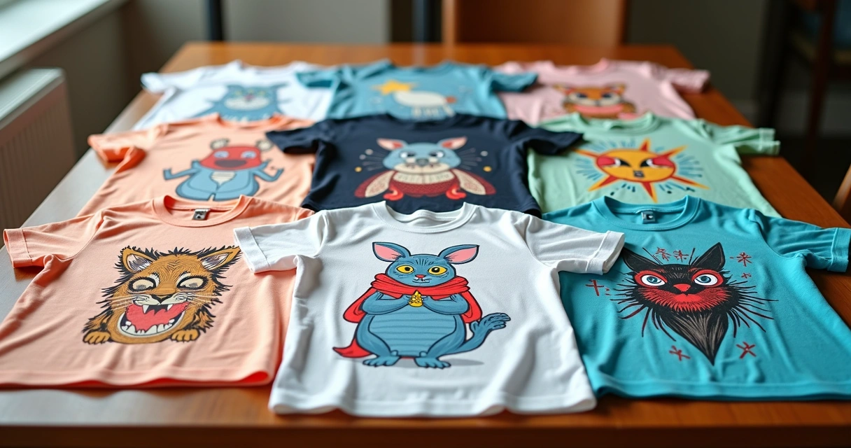Camisetas infantis personalizadas com estampas coloridas e variadas, dispostas sobre uma mesa 