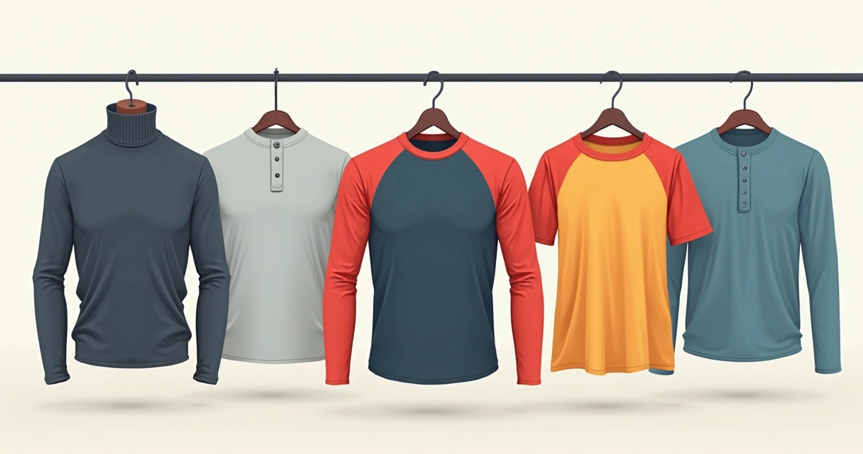 Diferentes modelos de camiseta manga longa masculina em cortes variados, incluindo gola alta, raglan, ajustada, exibidos em um mostruário masculino