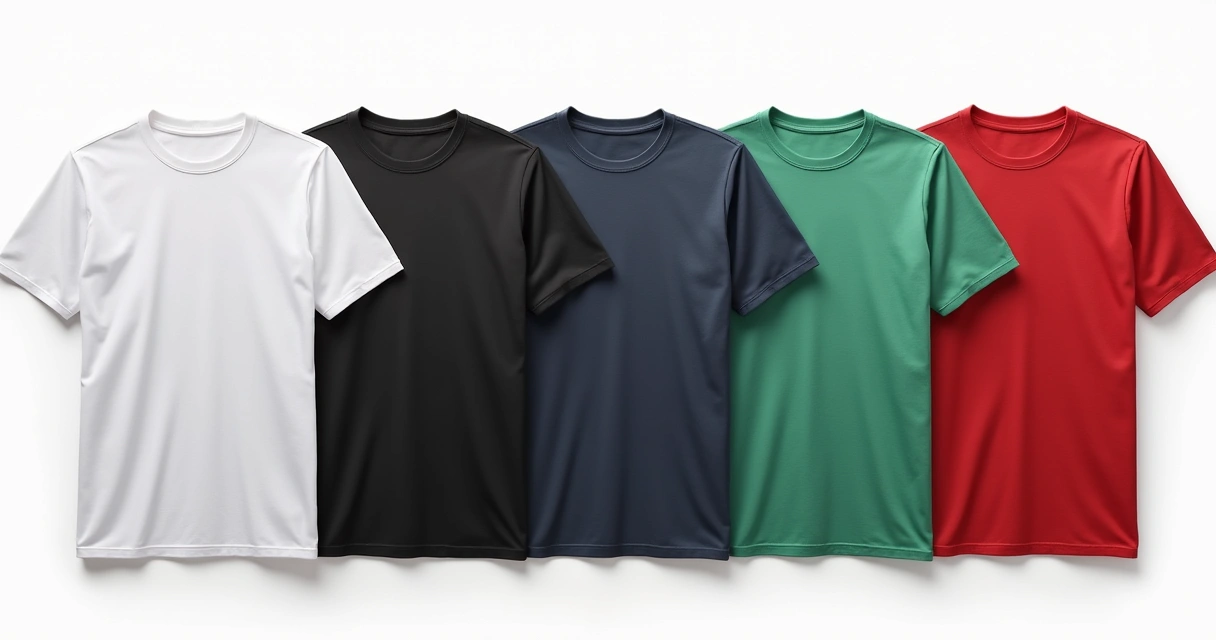 Camisetas masculinas lisas em várias cores alinhadas sobre superfície branca