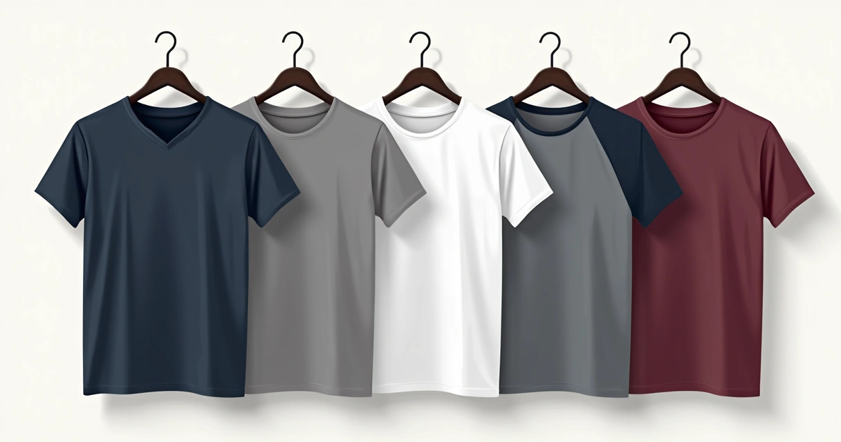 Diferentes estilos de camisetas masculinas alinhadas lado a lado