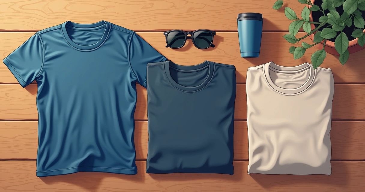 Camisetas masculinas de algodão egípcio dobradas em uma mesa de madeira