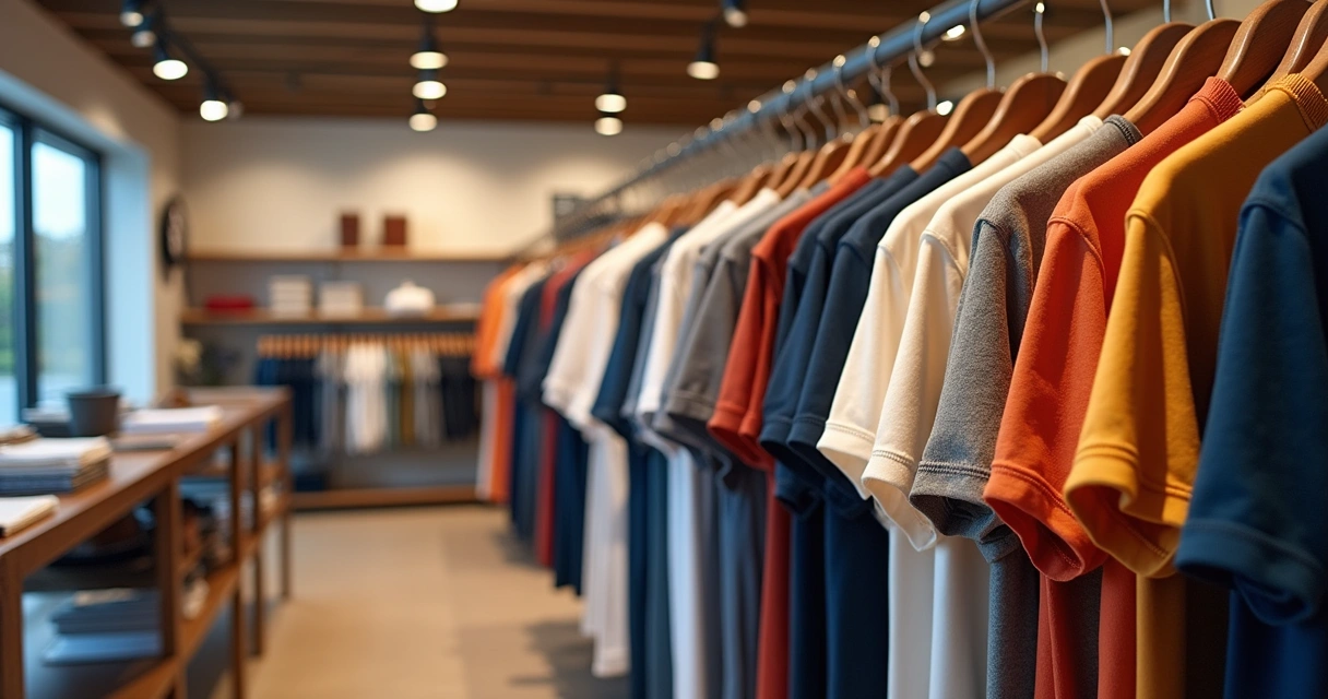 Vitrine com camisetas masculinas em cores variadas