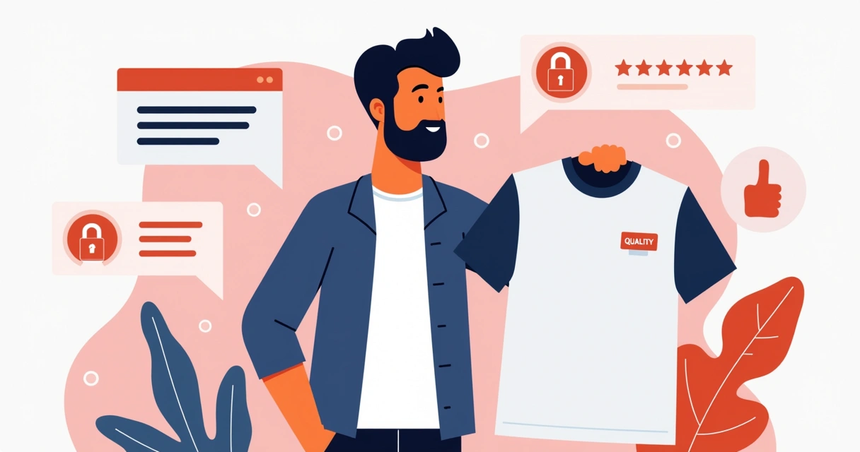 Homem segurando camiseta masculina com etiqueta de qualidade em um cenário de loja online