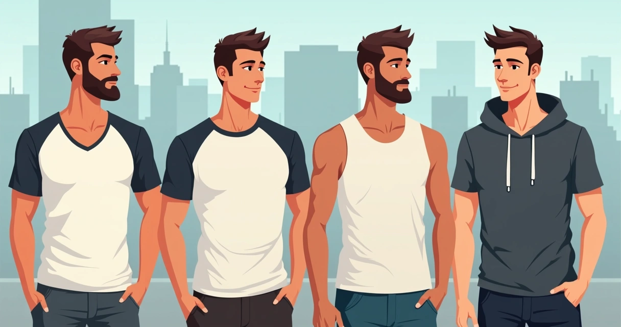 Homens usando camisetas masculinas modernas em diferentes estilos