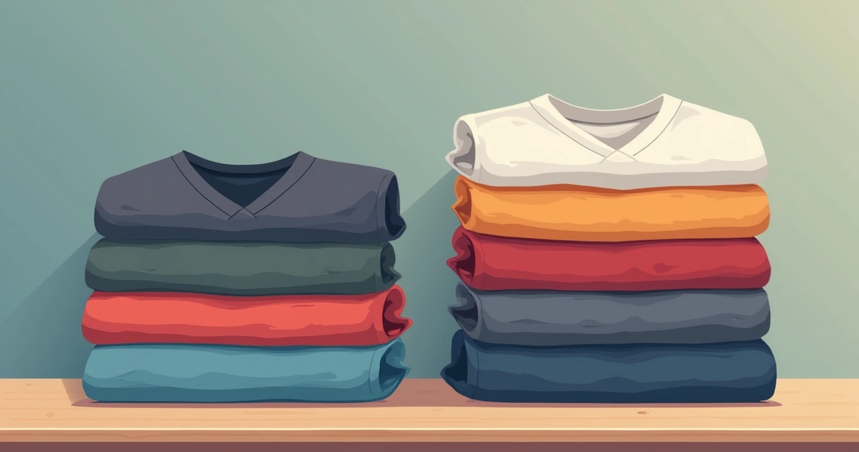 Camisetas masculinas de várias cores dobradas em pilha sobre mesa clara 