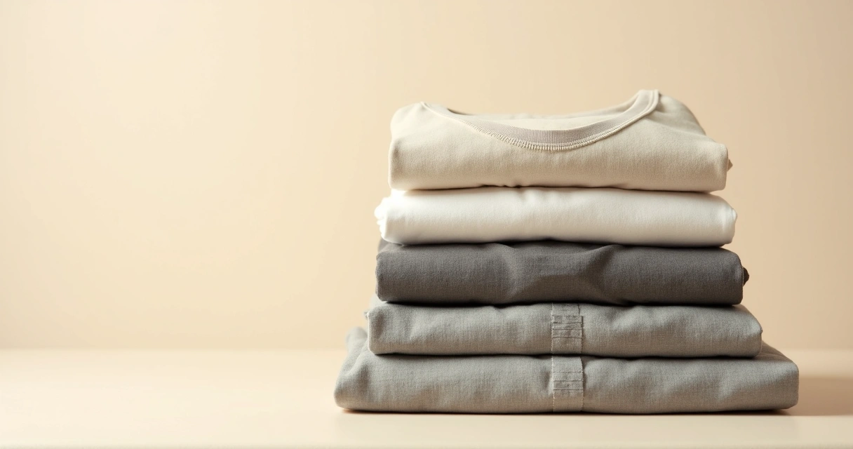 Detalhe de camisetas masculinas minimalistas dobradas com etiqueta de qualidade 