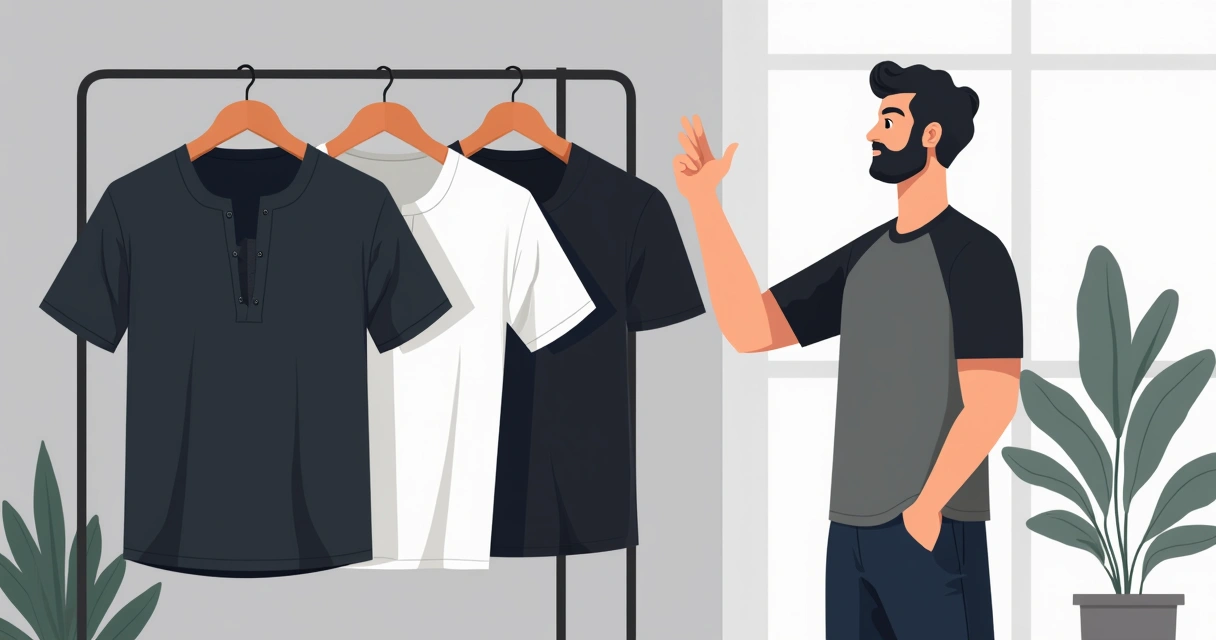 Homem escolhendo camisetas masculinas de várias cores e cortes em um cabideiro