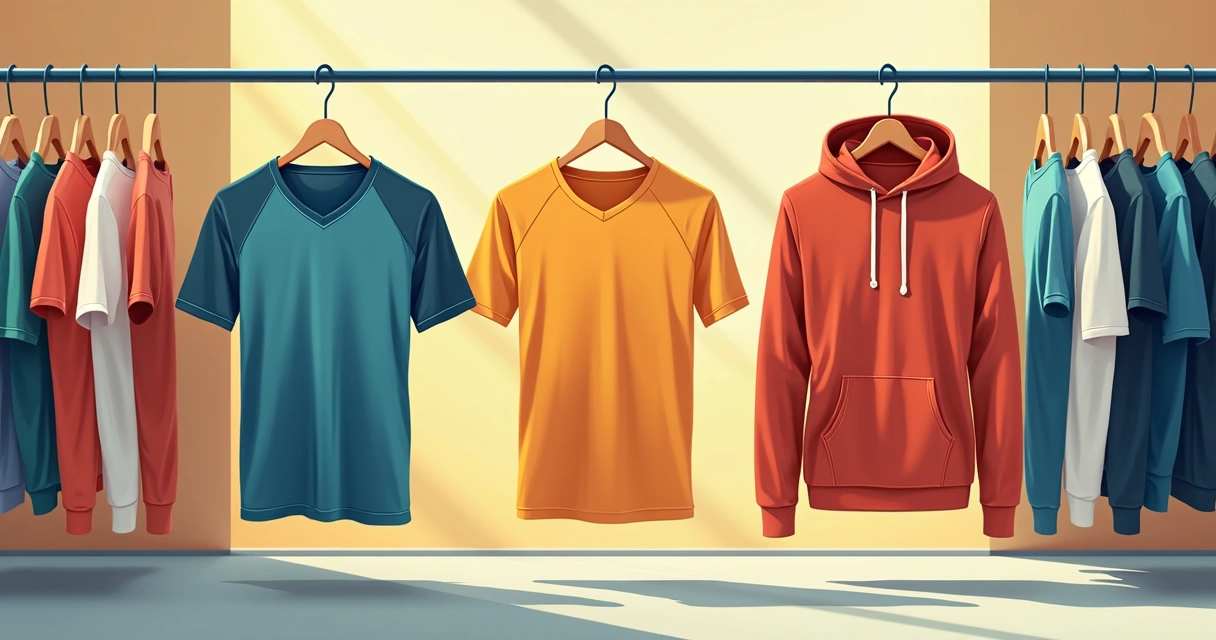 Vários cortes de camisetas masculinas em uma arara