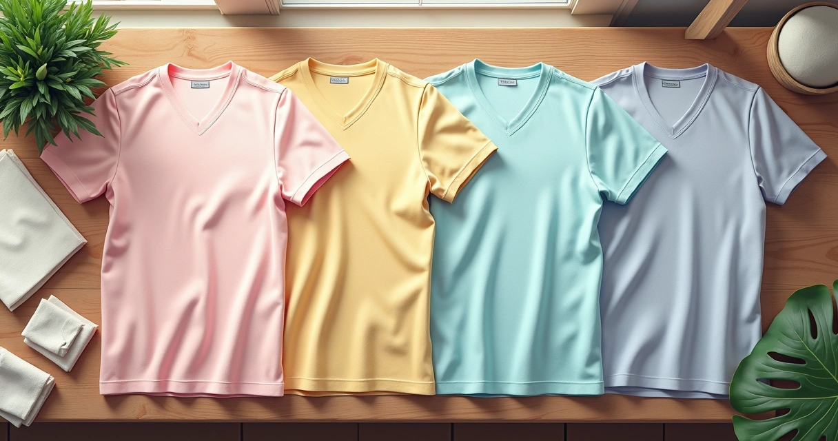 Diferentes camisetas masculinas para o verão organizadas sobre uma mesa