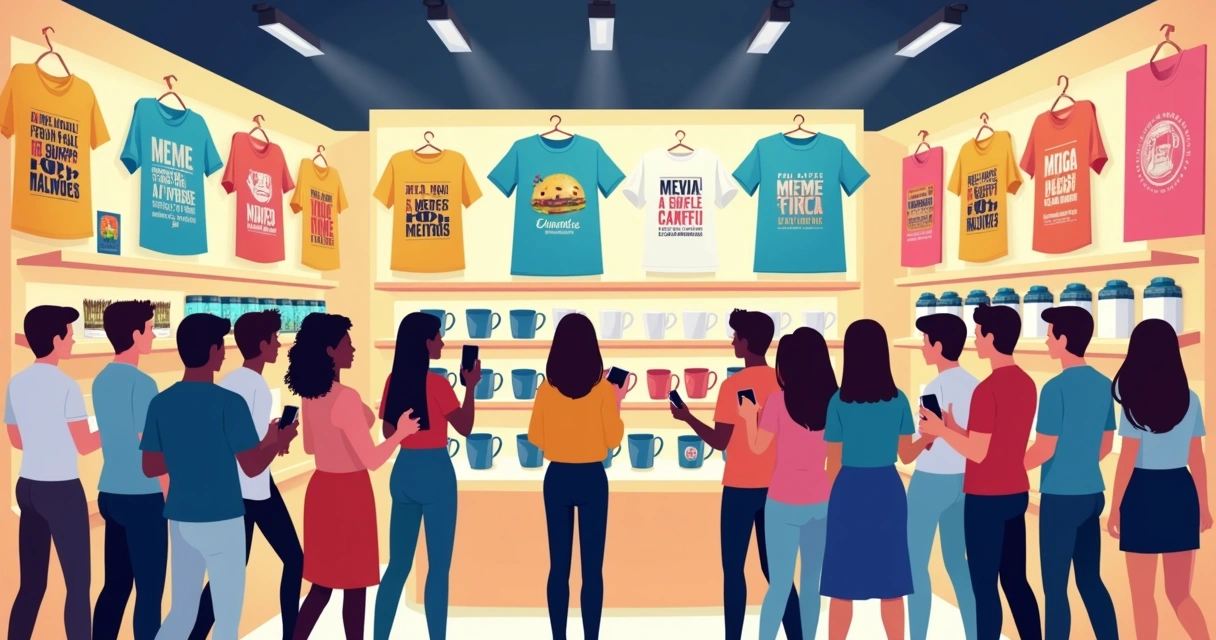 Camisetas e canecas com estampas de memes em exposição