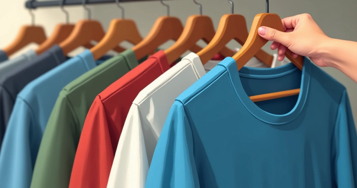 Cabides de madeira com camisetas masculinas coloridas penduradas