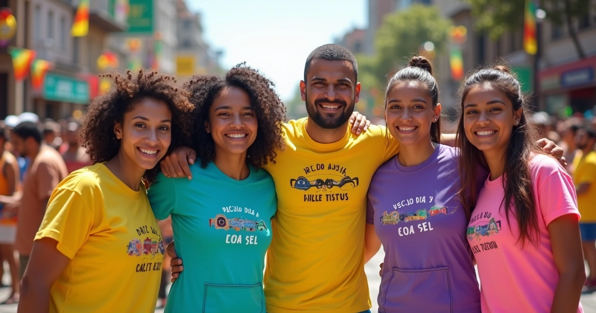 Grupo de amigos usando camisetas personalizadas em bloco de Carnaval de rua 