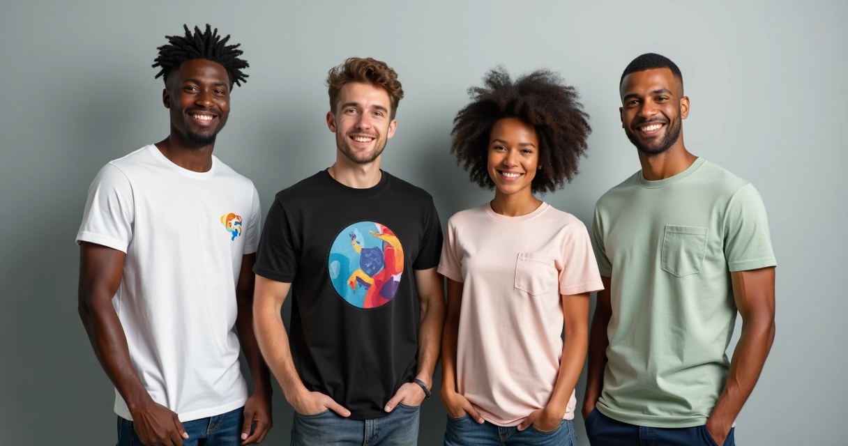 Grupo exibindo camisetas personalizadas de cores e estampas diferentes 
