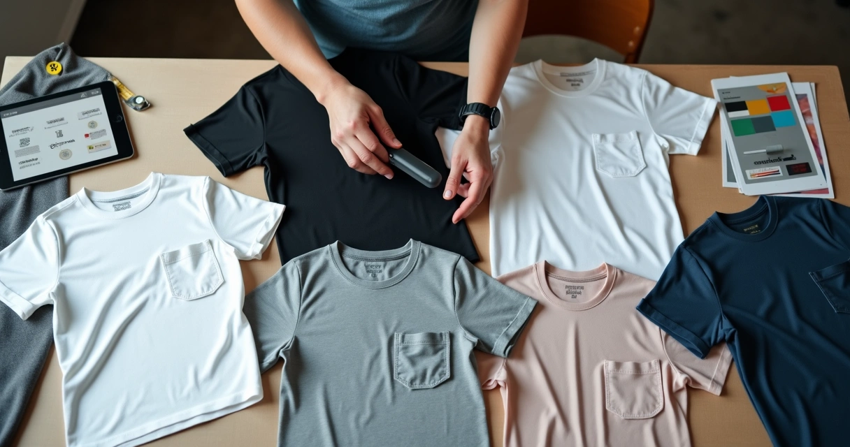 Pessoa escolhendo camisetas personalizadas com bolso em diferentes cores sobre a mesa 