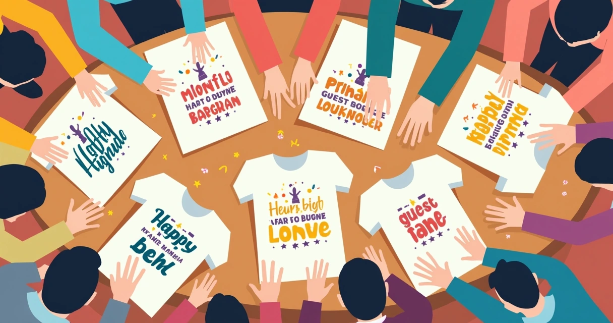 Camisetas de aniversário com nomes individuais dos convidados 