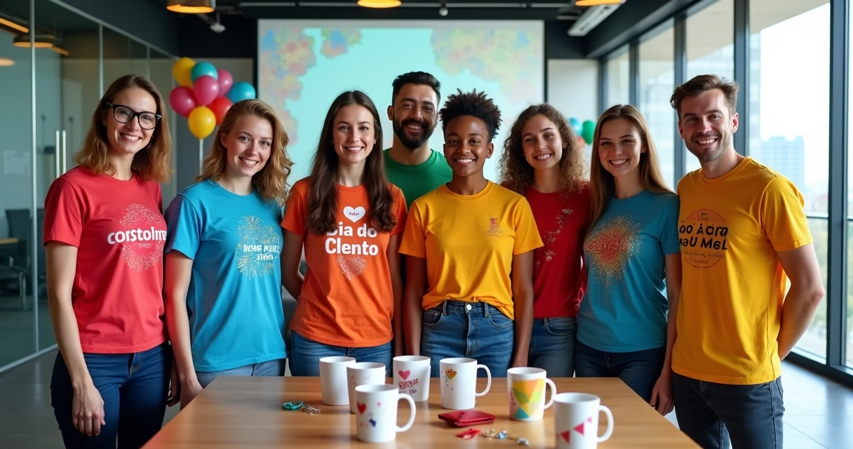 Equipe diversa usando camisetas personalizadas coloridas em evento corporativo comemorativo 