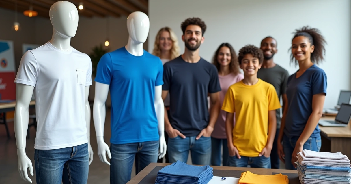 Grupo usando camisetas personalizadas coloridas em ambiente corporativo e de evento 