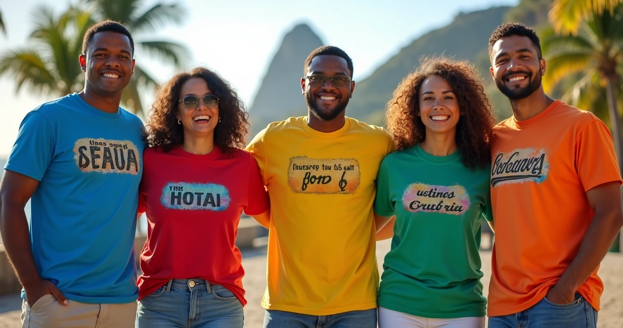 Equipe reunida vestindo camisetas personalizadas em ambiente urbano do Rio 
