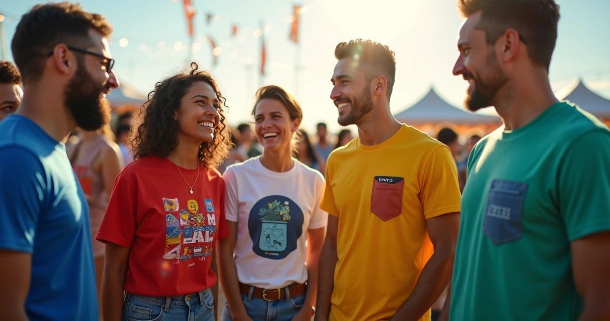 Grupo exibindo camisetas personalizadas coloridas de evento ao ar livre 