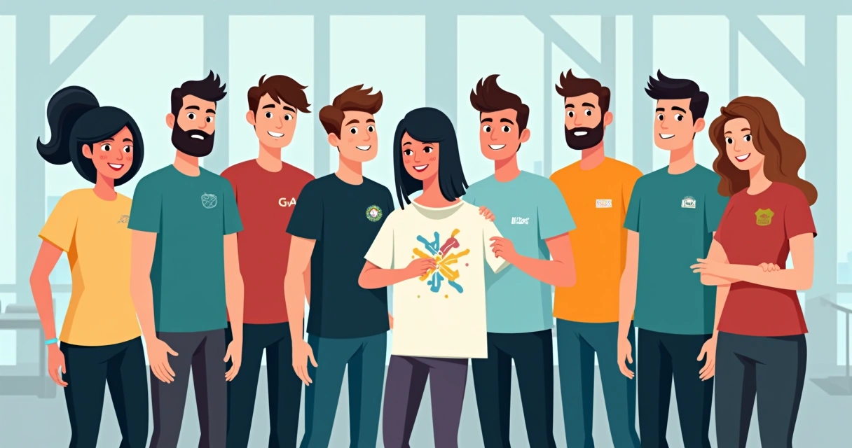 Equipe reunida com camisetas personalizadas de evento corporativo 